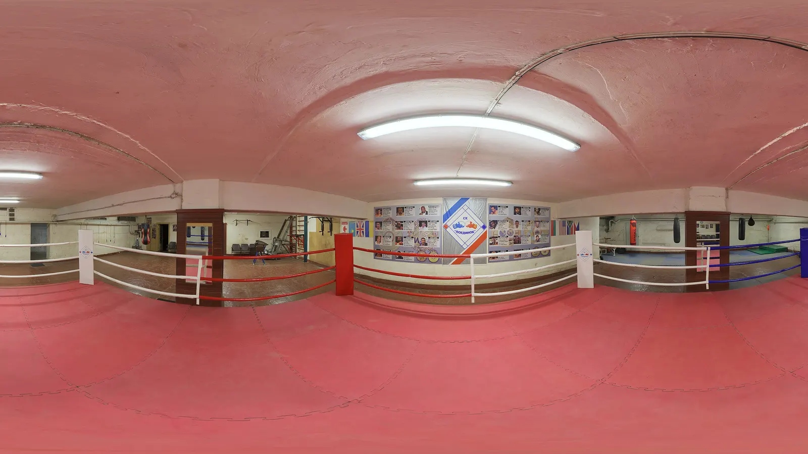 Ring de boxe vide installé dans un sous-sol, vu en panorama